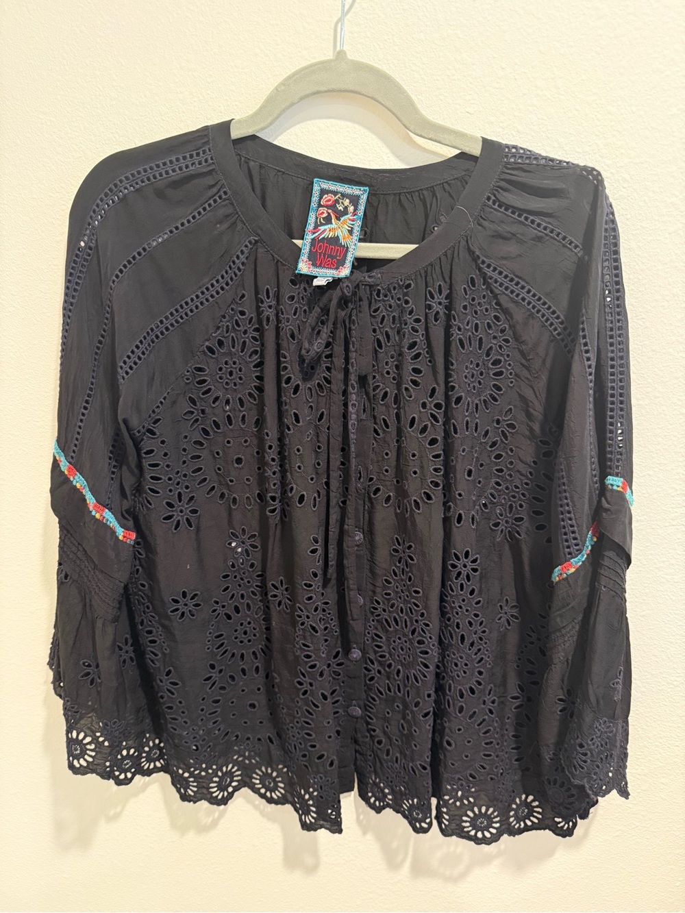 Johnny Was Black Eyelet Embroidered Blouse Small